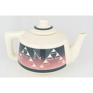 Sioux Ceramic Teapot Signed S Thunder White Blue Purple Pink Native American